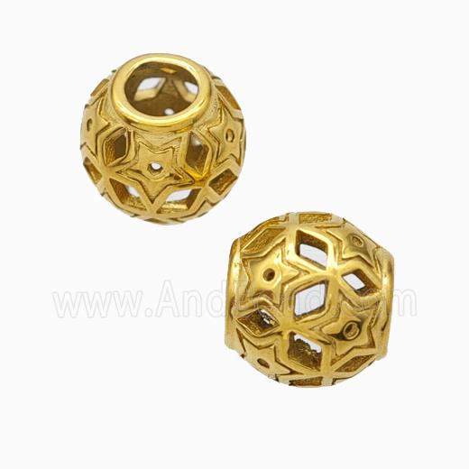 Titanium Steel Round Beads Large Hole Hollow Star Gold Plated