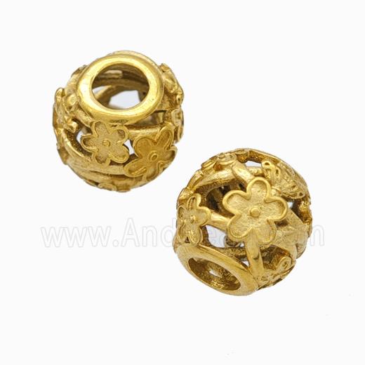Titanium Steel Barrel Beads Large Hole Hollow Flower Gold Plated