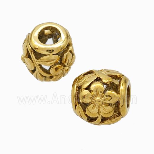 Titanium Steel Barrel Beads Large Hole Hollow Flower Gold Plated