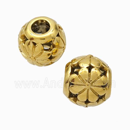 Titanium Steel Round Beads Large Hole Hollow Flower Gold Plated