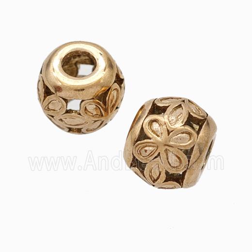 Titanium Steel Round Beads Large Hole Hollow Flower Rose Gold
