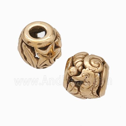 Titanium Steel Round Beads Large Hole Hollow Seahorse Rose Gold