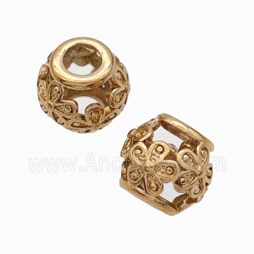 Titanium Steel Round Beads Large Hole Hollow Flower Rose Gold