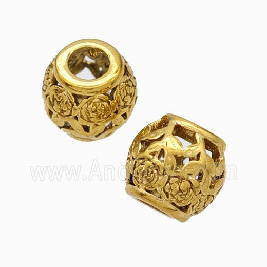 Titanium Steel Round Beads Large Hole Hollow Flower Gold Plated