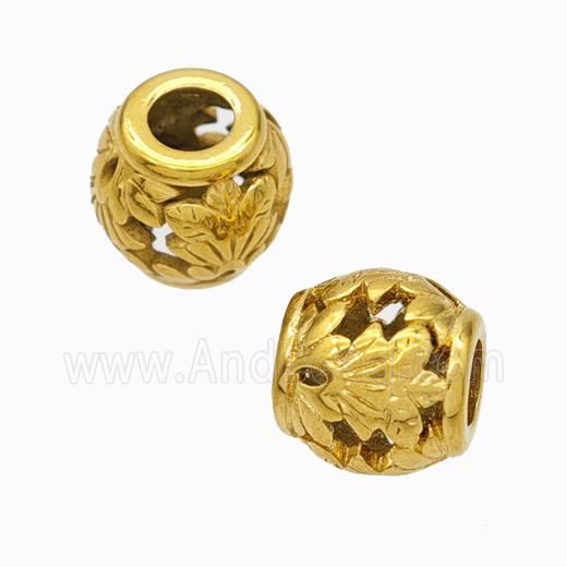 Titanium Steel Barrel Beads Large Hole Hollow Leaf Gold Plated