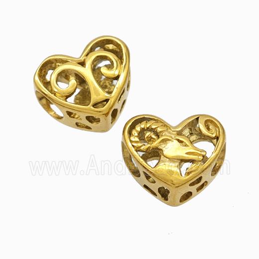 Titanium Steel Heart Beads Zodiac Aries Large Hole Hollow Gold Plated