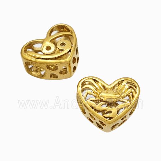 Titanium Steel Heart Beads Zodiac Cancer Large Hole Hollow Gold Plated