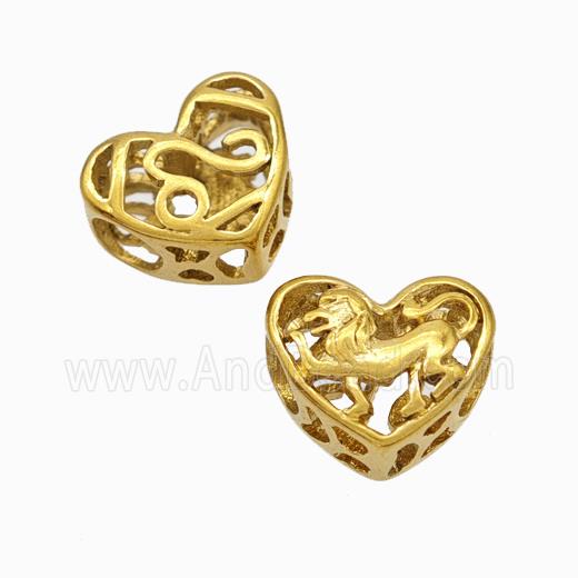 Titanium Steel Heart Beads Zodiac Leo Large Hole Hollow Gold Plated