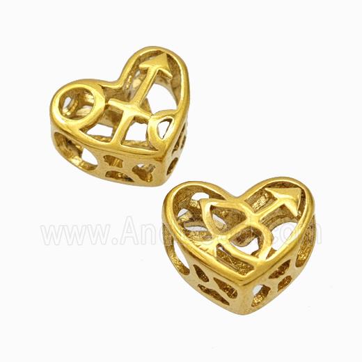 Titanium Steel Heart Beads Zodiac Sagittarius Large Hole Hollow Gold Plated