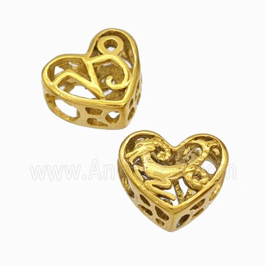 Titanium Steel Heart Beads Zodiac Capricorn Large Hole Hollow Gold Plated