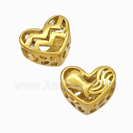 Titanium Steel Heart Beads Zodiac Aquarius Large Hole Hollow Gold Plated