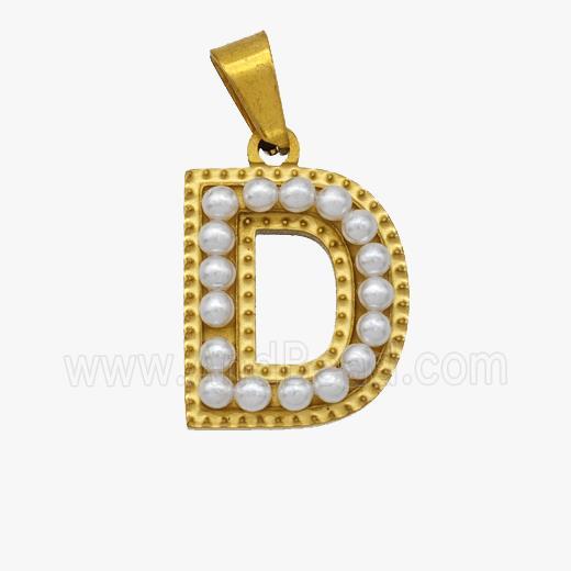 Stainless Steel Pendant Pave Pearlized Resin Letter-D Gold Plated