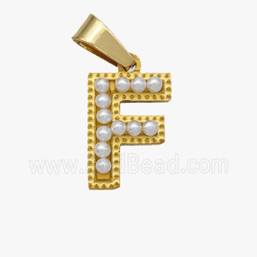 Stainless Steel Pendant Pave Pearlized Resin Letter-F Gold Plated