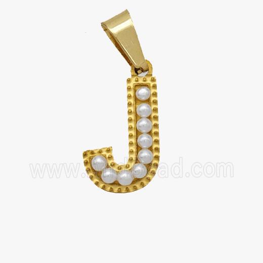 Stainless Steel Pendant Pave Pearlized Resin Letter-J Gold Plated