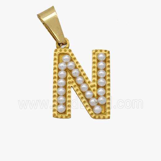 Stainless Steel Pendant Pave Pearlized Resin Letter-N Gold Plated