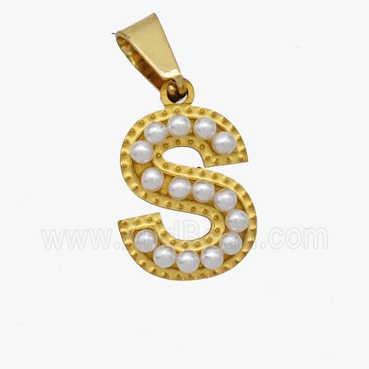 Stainless Steel Pendant Pave Pearlized Resin Letter-S Gold Plated