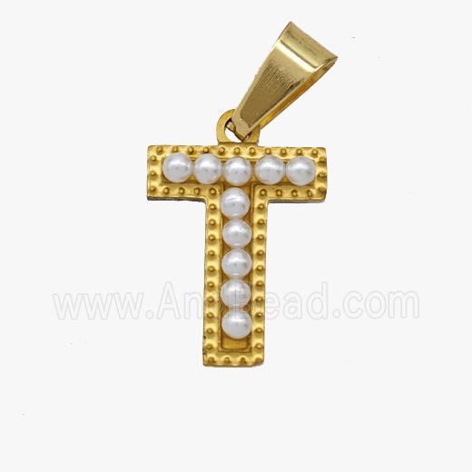 Stainless Steel Pendant Pave Pearlized Resin Letter-T Gold Plated