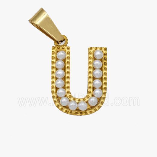 Stainless Steel Pendant Pave Pearlized Resin Letter-U Gold Plated