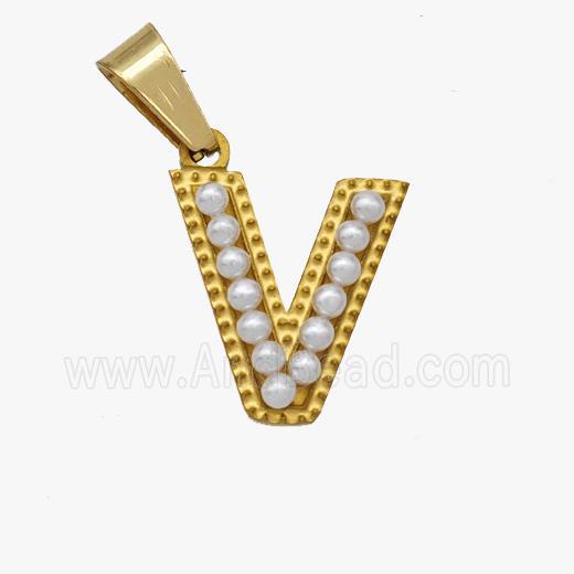 Stainless Steel Pendant Pave Pearlized Resin Letter-V Gold Plated