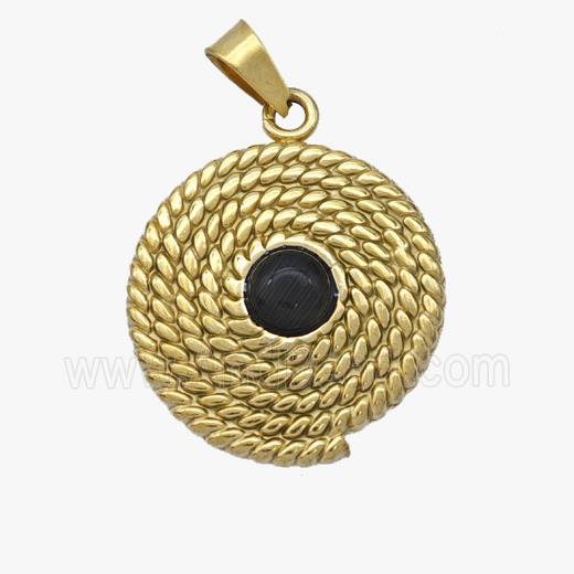 Stainless Steel Spiral Circle Pendant Pave Black Onyx Gold Plated