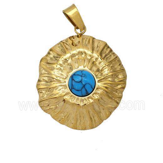 Stainless Steel Flower Pendant Pave Blue Howlite Gold Plated