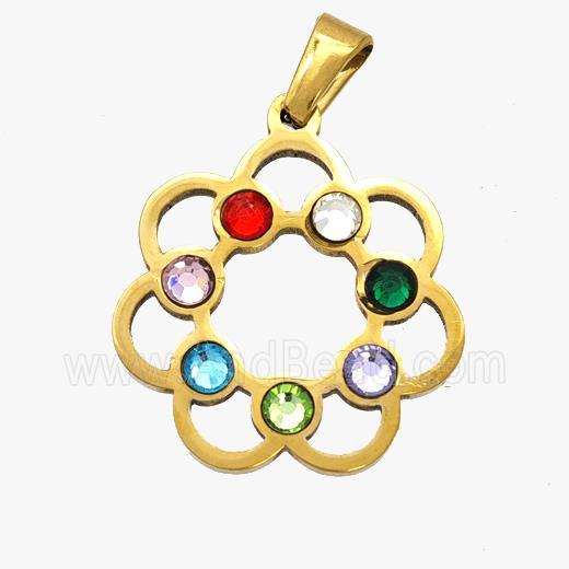 Stainless Steel Flower Pendant Micropave Rhinestone Chakra Gold Plated