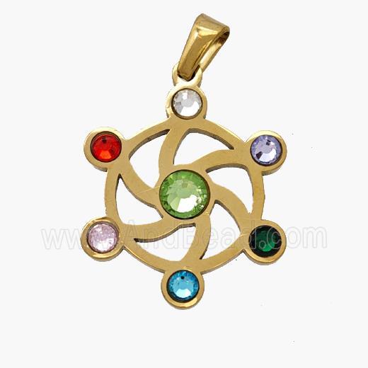 Stainless Steel Flower Pendant Micropave Rhinestone Chakra Gold Plated