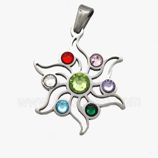 Raw Stainless Steel Flower Pendant Micropave Rhinestone Chakra