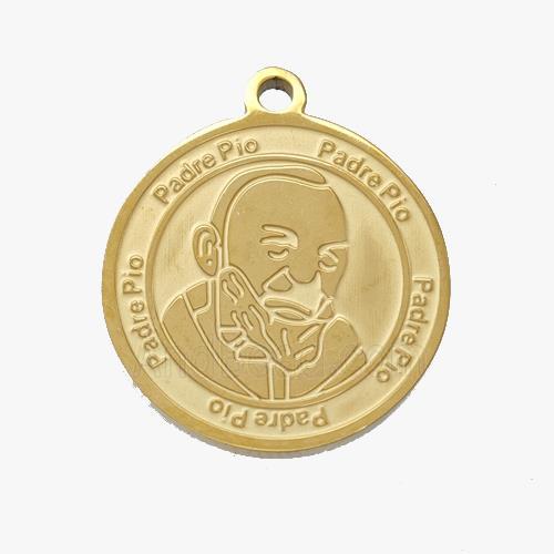 Stainless Steel Pendant Medal Padre Pio Circle Gold Plated