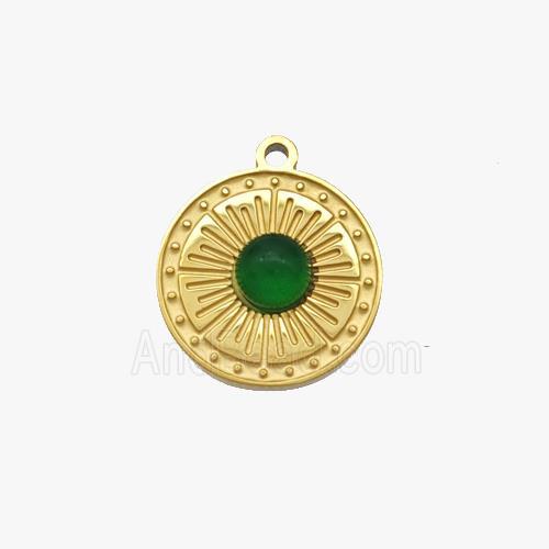 Stainless Steel Sun Pendant Pave Green Jade Gold Plated