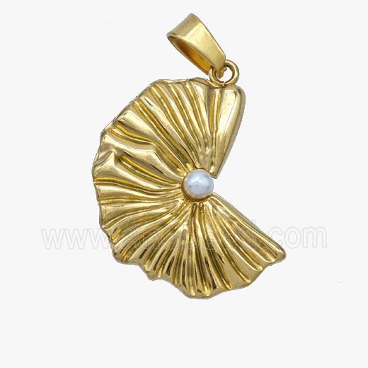 Stainless Steel Leaf Pendant Pave Pearlized Resin Gold Plated