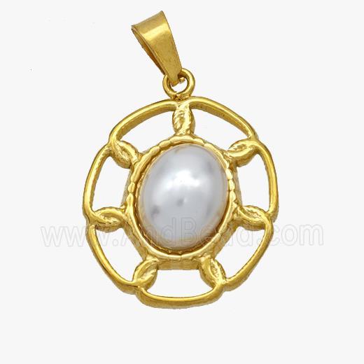 Stainless Steel Tortoise Shell Pendant Pave Pearlized Resin Gold Plated