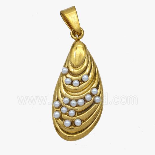Stainless Steel Teardrop Pendant Pave Pearlized Resin Gold Plated