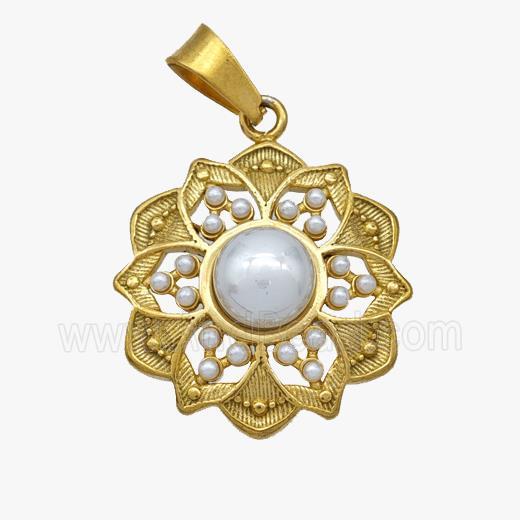 Stainless Steel Flower Pendant Pave Pearlized Resin Gold Plated