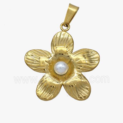 Stainless Steel Flower Pendant Pave Pearlized Resin Gold Plated