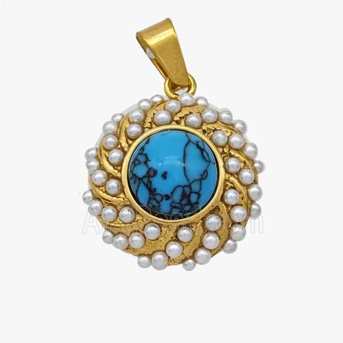 Stainless Steel Flower Pendant Pave Blue Howlite Pearlized Resin Gold Plated