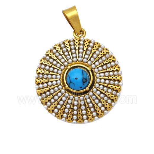 Stainless Steel Flower Pendant Pave Blue Howlite Pearlized Resin Gold Plated