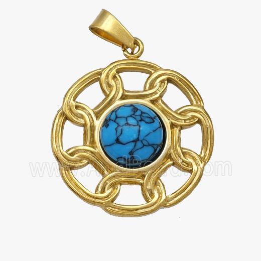 Stainless Steel Flower Pendant Pave Blue Howlite Gold Plated