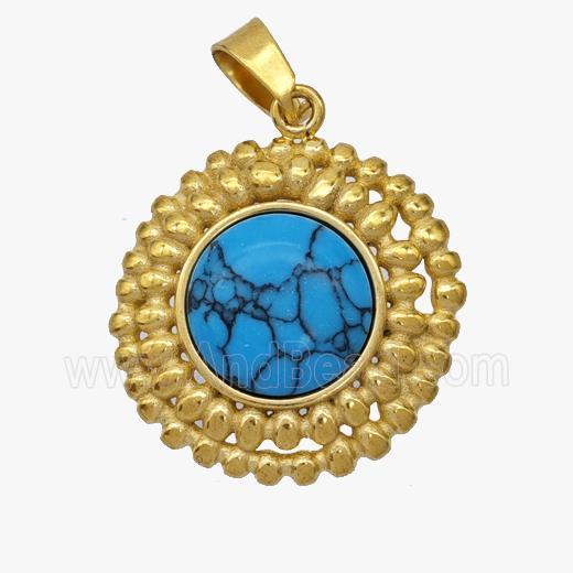 Stainless Steel Sunflower Pendant Pave Blue Howlite Gold Plated