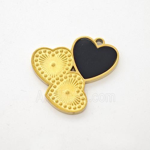 Stainless Steel Heart Pendant Pave Black Acrylic Cluster Gold Plated