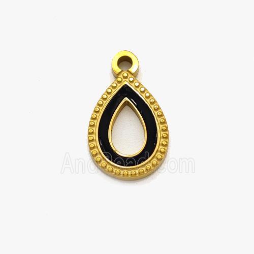 Stainless Steel Teardrop Pendant Pave Black Acrylic Hollow Gold Plated