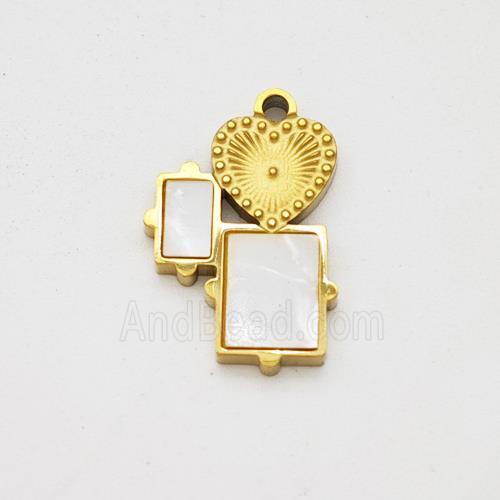 Stainless Steel Heart Rectangle Pendant Pave Shell Gold Plated