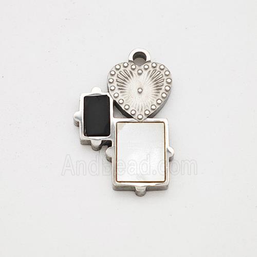 Raw Stainless Steel Heart Rectangle Pendant Pave Shell Acrylic