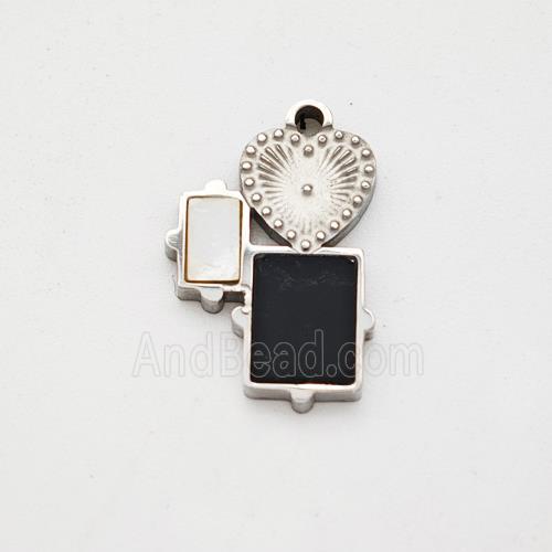 Raw Stainless Steel Heart Rectangle Pendant Pave Shell Acrylic