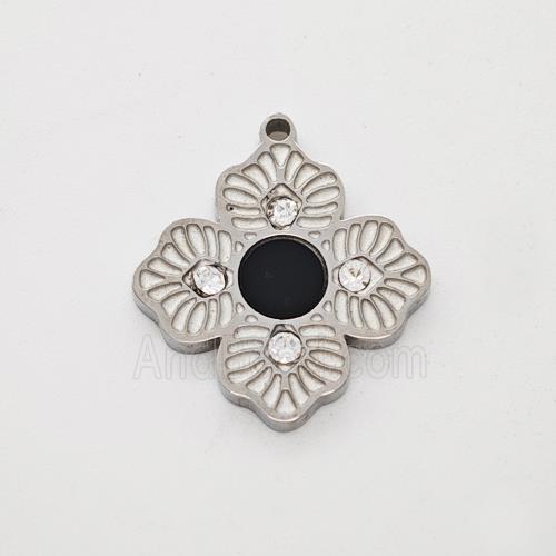 Raw Stainless Clover Leaf Pendant Pave Rhinestone Black Acrylic