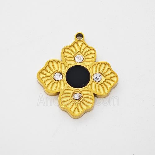 Stainless Steel Clover Pendant Pave Rhinestone Black Acrylic Gold Plated