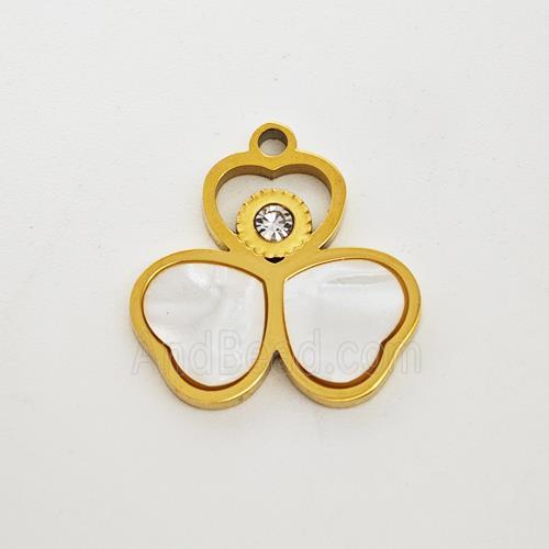 Stainless Steel Clover Pendant Pave Shell Rhinestone Gold Plated