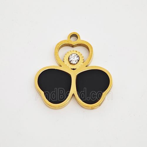 Stainless Steel Clover Pendant Pave Black Acrylic Rhinestone Gold Plated