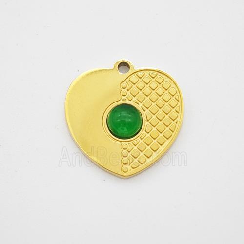 Stainless Steel Heart Pendant Pave Green Jade Gold Plated