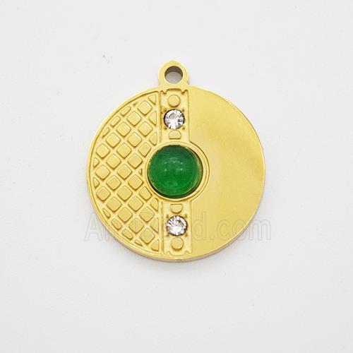 Stainless Steel Sun Pendant Pave Green Jade Rhinestone Gold Plated